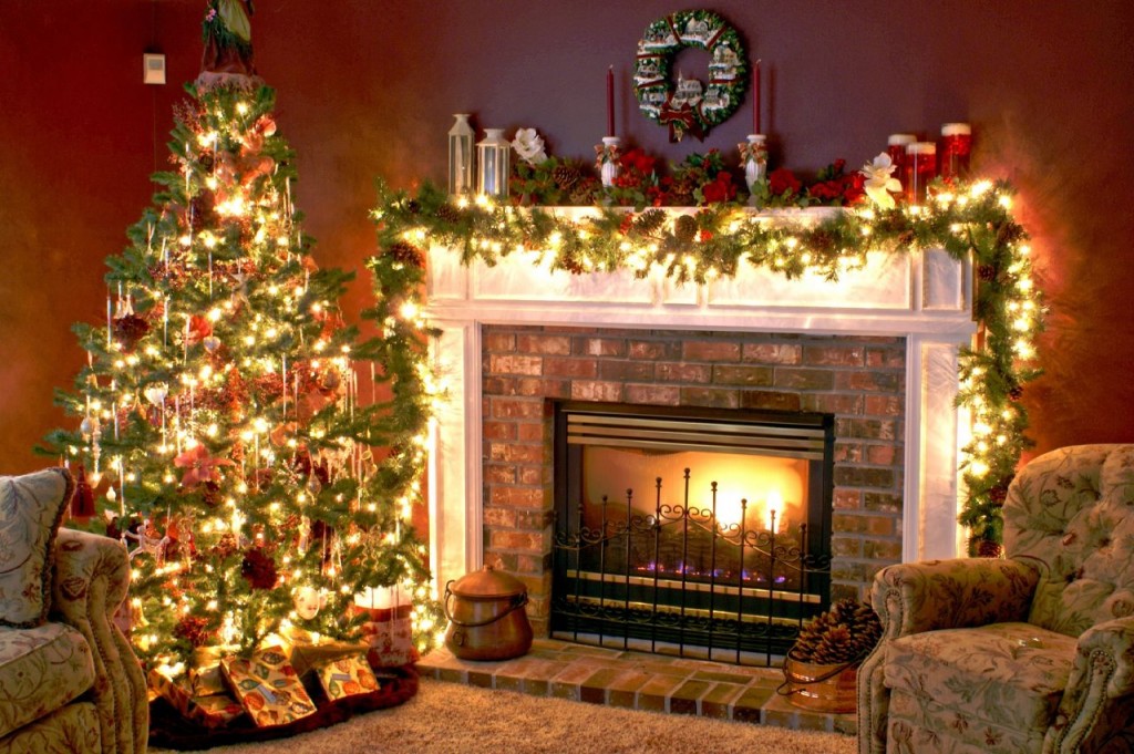 christmas tree and fireplace