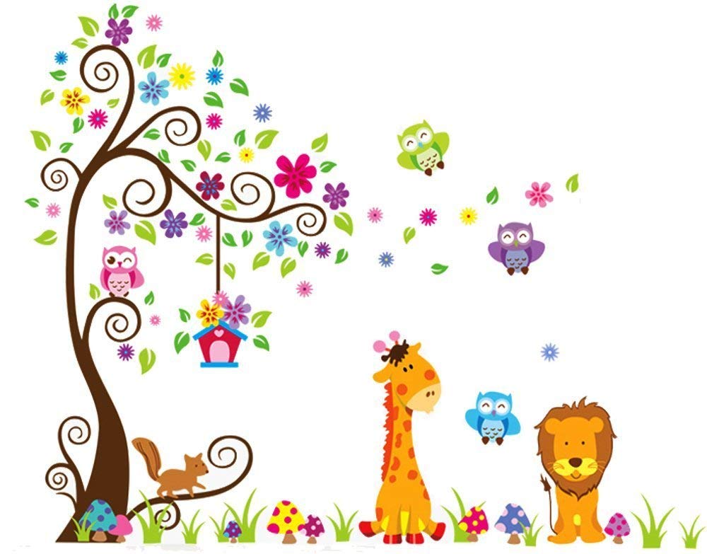 LiveGallery Removable DIY Colorful Tree & Jungle Animals Theme Owls, Lion, Giraffe Wall Decals Kids Babys Room Decorations Wall Sticker Decor Nursery Room Bedroom Art Decal Murals