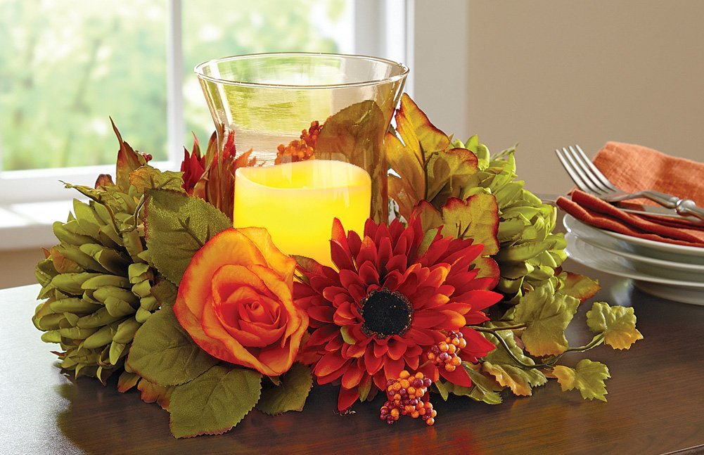 Elegant Fall Floral Hurricane Candleholder Centerpiece