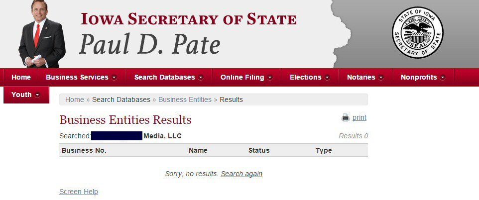 iowa secretary of state business entities inquiry