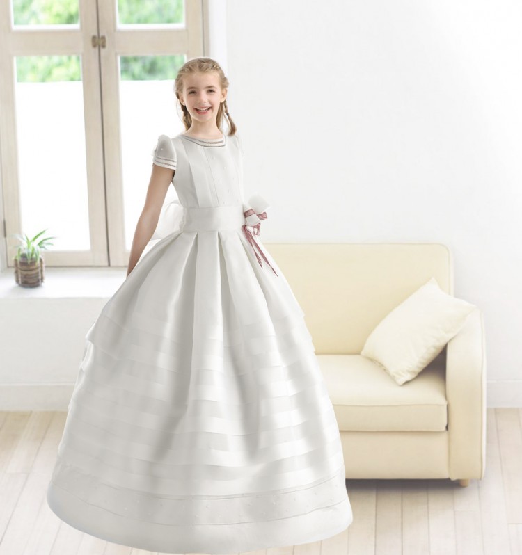 Nectarean Ball Gown High Neck Short Sleeve Bow(S) Floor-Length Organza Communion Dresses