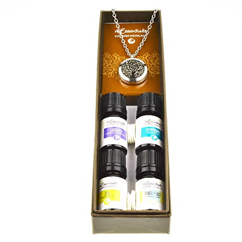 Tree Of Life Essential Oil Diffuser Necklace Stainless Steel Locket Pendant with 24″ Chain+ 4 Essential Oils Lavender Peppermint Inner Peace Zen Gift Set