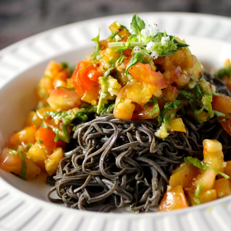 Easy Black Bean Spaghetti with Heirloom Tomatoes