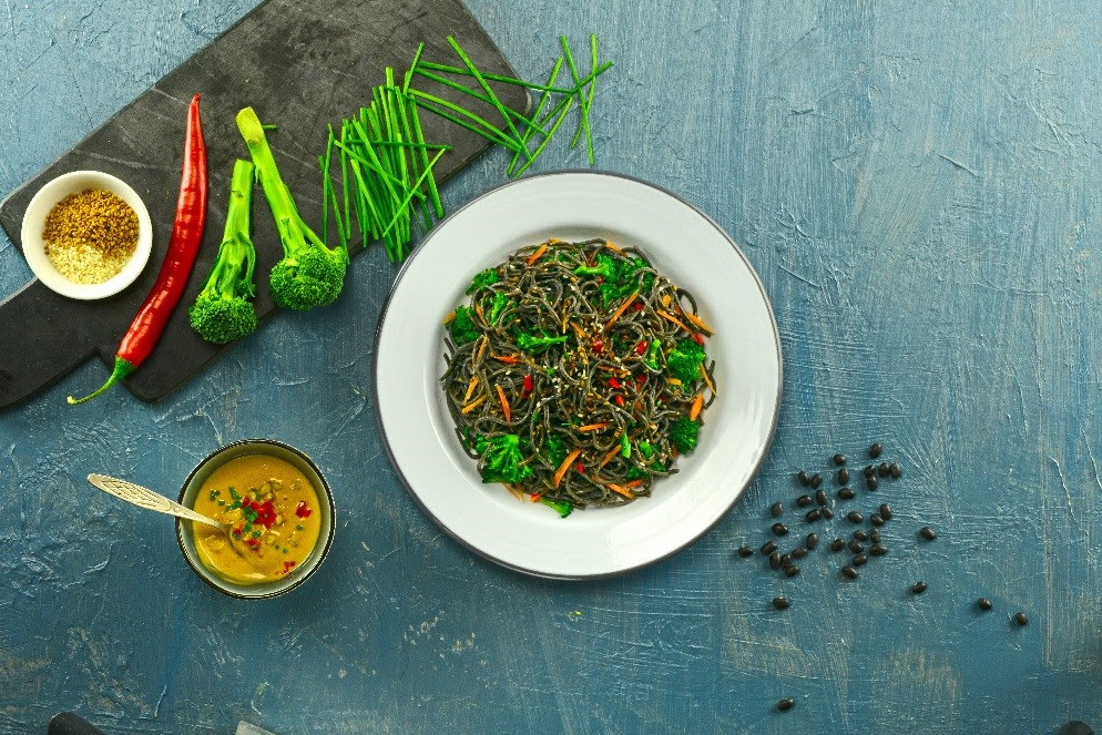 Recipe: Organic Black Bean Spaghetti with Lightly Steamed Vegetables and Peanut Sauce