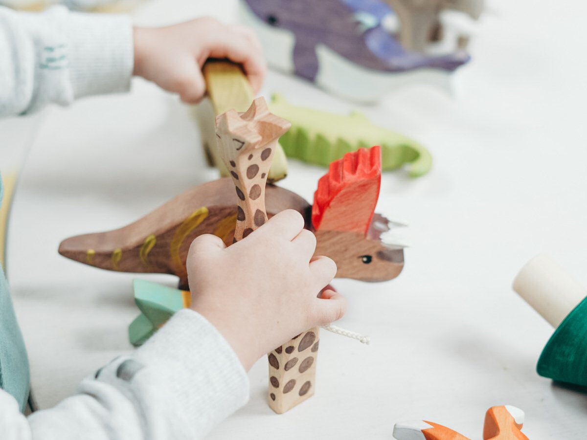 child playing with dinosaurs