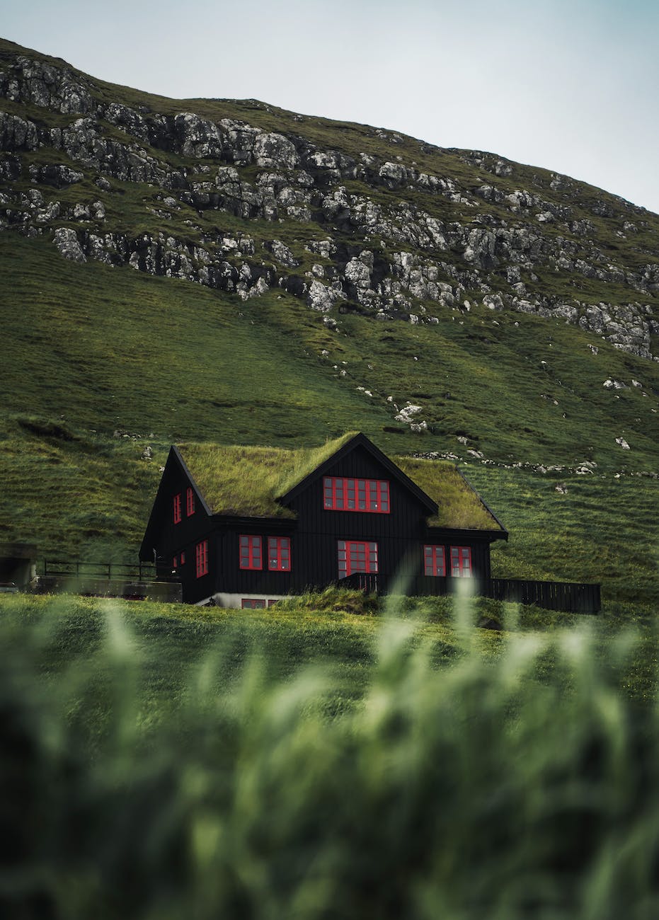 timber cottage standing at foot of mountain